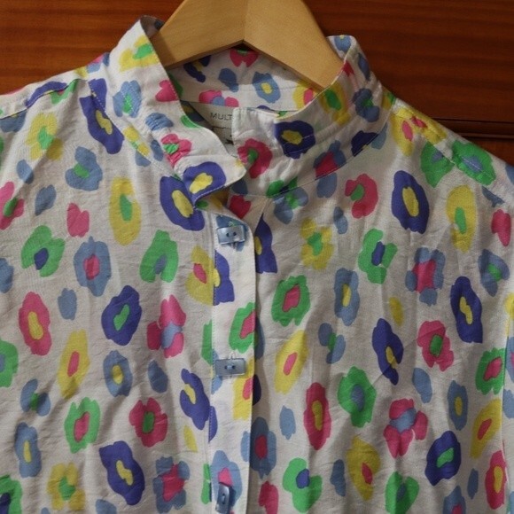 Multiples Rainbow Leopard Print Button Down Blouse Petite Large Statement Shirt - Picture 2 of 16